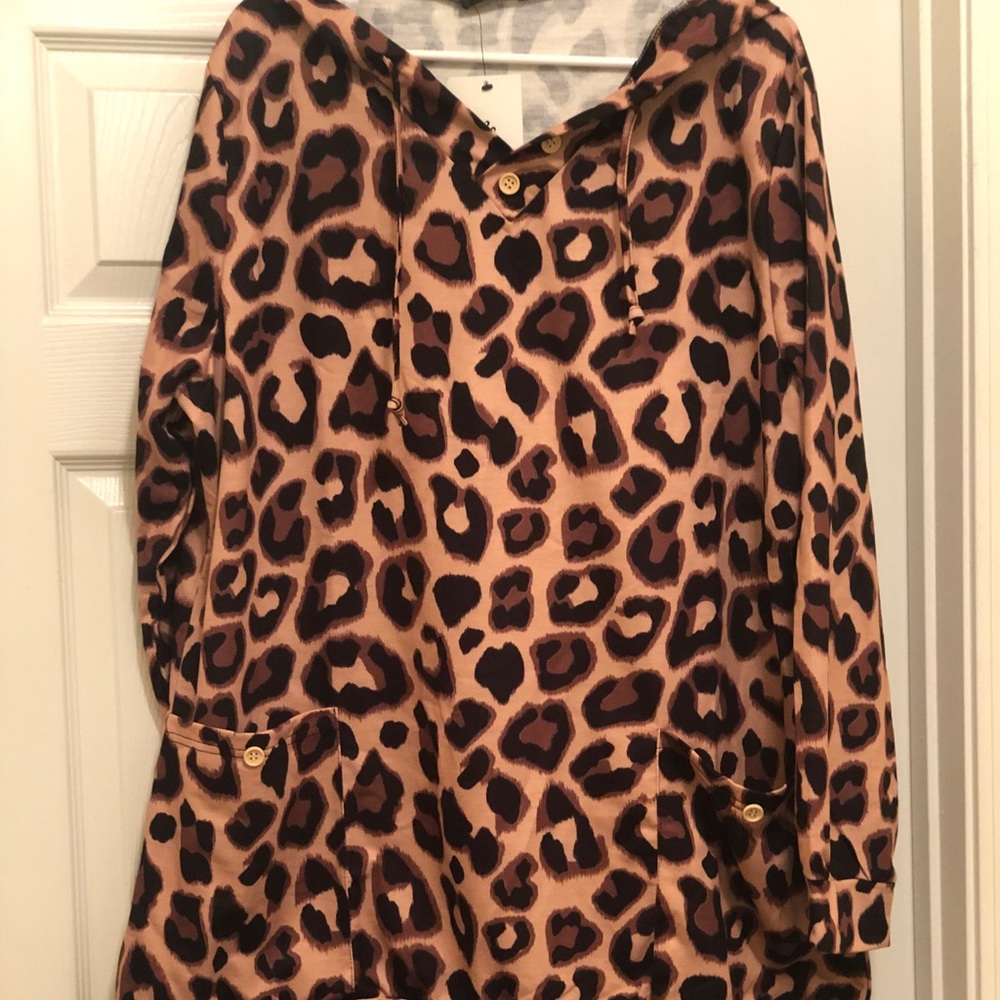 Coffee Leopard Button Accent Pocket Hoodie